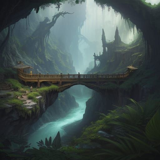 Ancient Wooden Bridge in Lush Wadi - Fantasy Concept Art