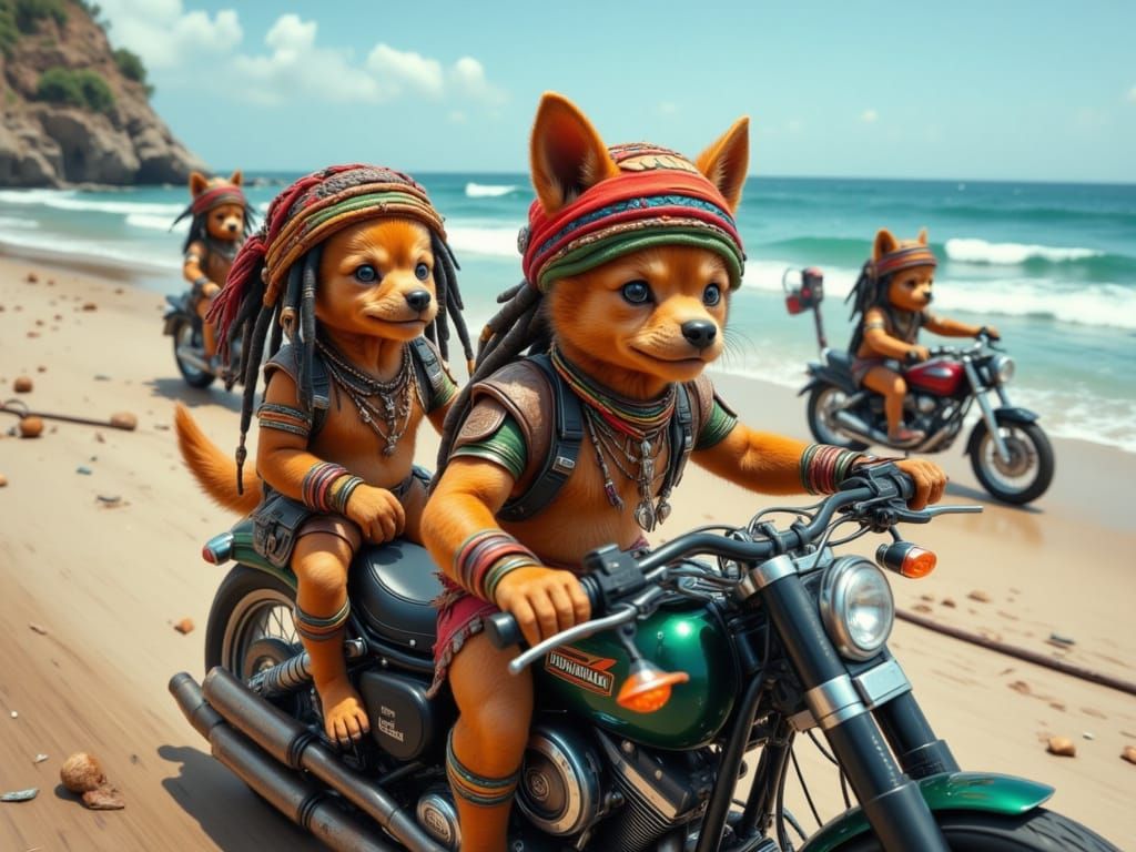Vibrant Rastafarian Puppy Riders on Harley by Seashore