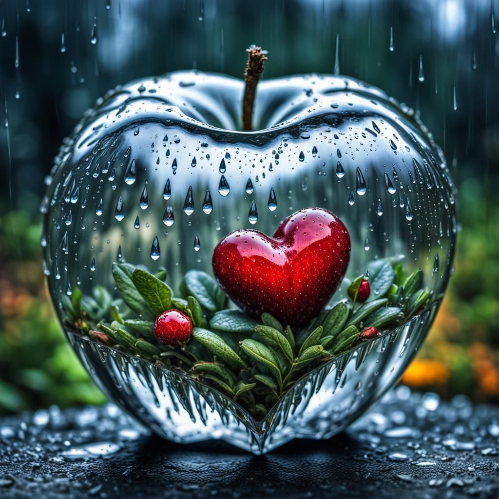 Crystal Apple with Heart in Rainy, Hyperrealistic Scene