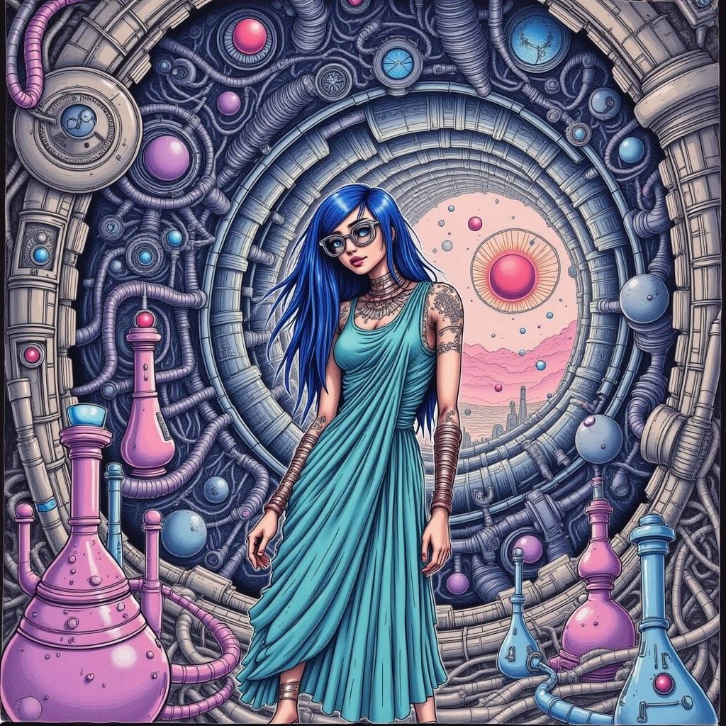 Woman in Teal Sari in Eldritch Technomantic Chamber