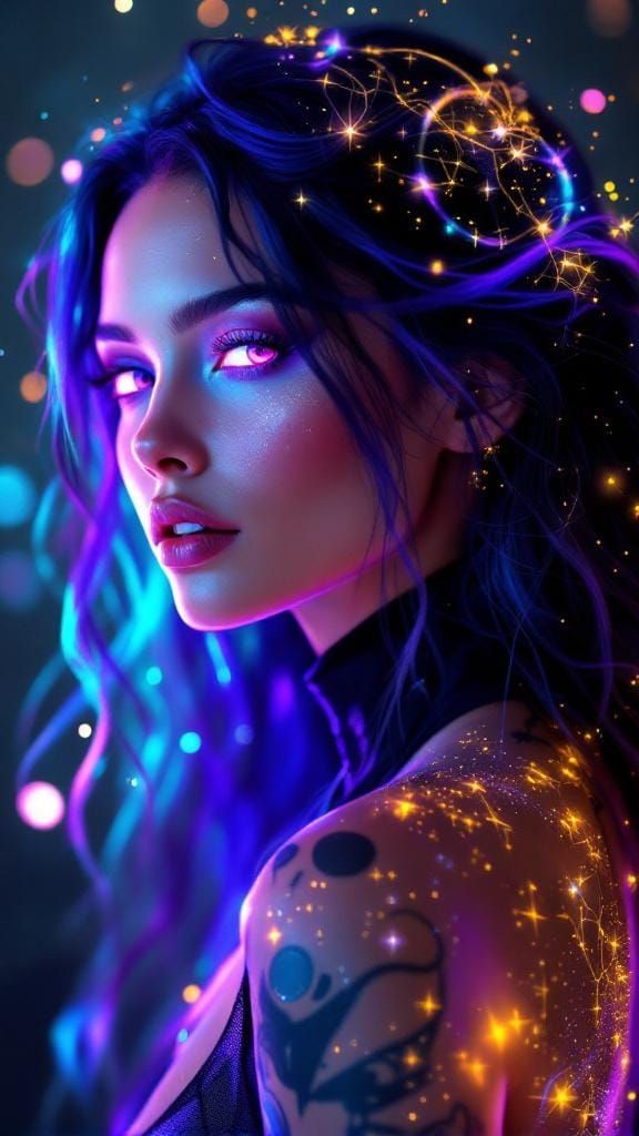 Futuristic Celestial Muse: Radiant Woman in Neon Fairycore