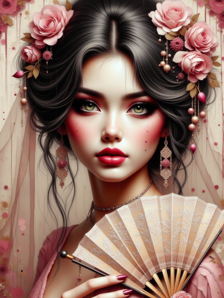 Spanish Girl in Lace Veil with Green Eyes