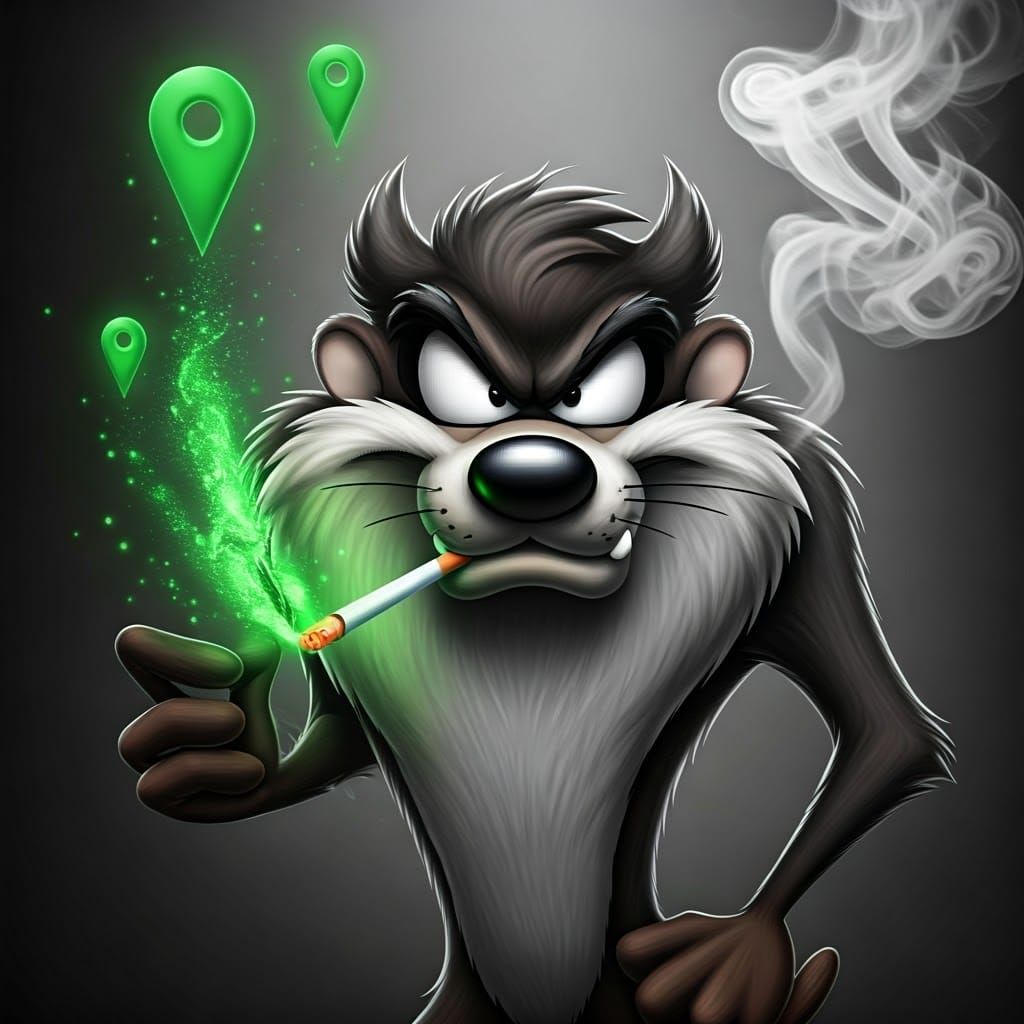 Tasmanian Devil Smokes in a Green Forest