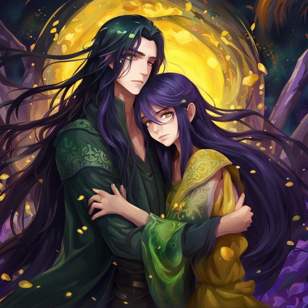 Anime Girl with Black Hair Hugs Man