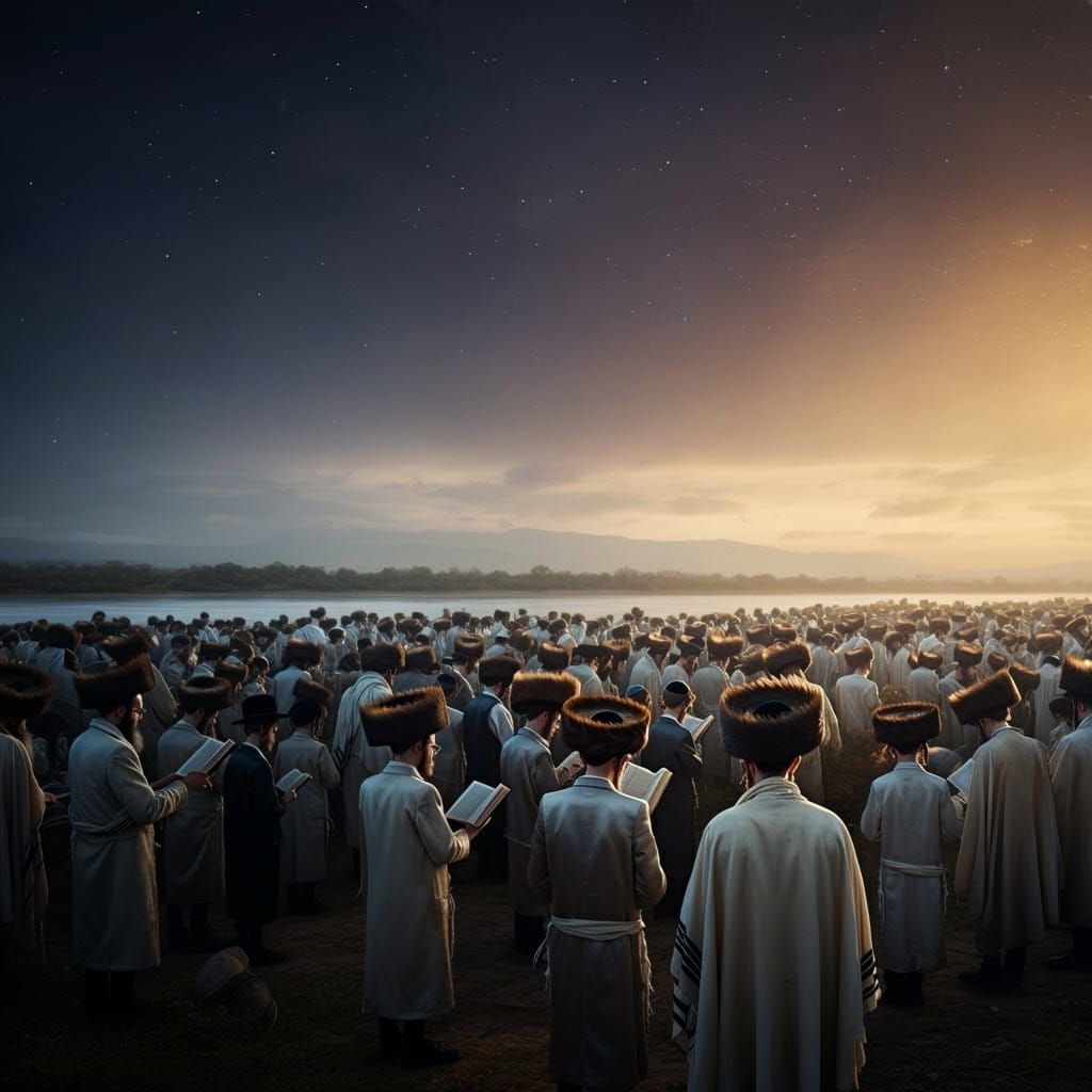 Devout Jews Praying by River in Dreamlike Landscape