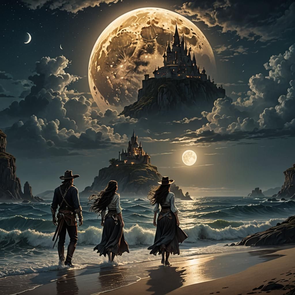 Mysterious Ocean Full Moon Watched by Women