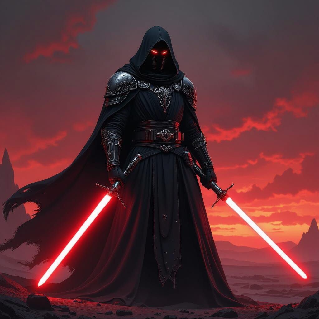 Sith Lord with Crimson Lightsaber in Ominous Galaxy