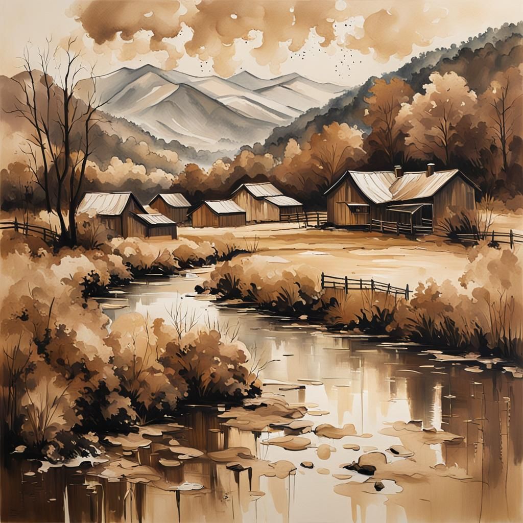 Impressionist Riverscape with Mountain Farm