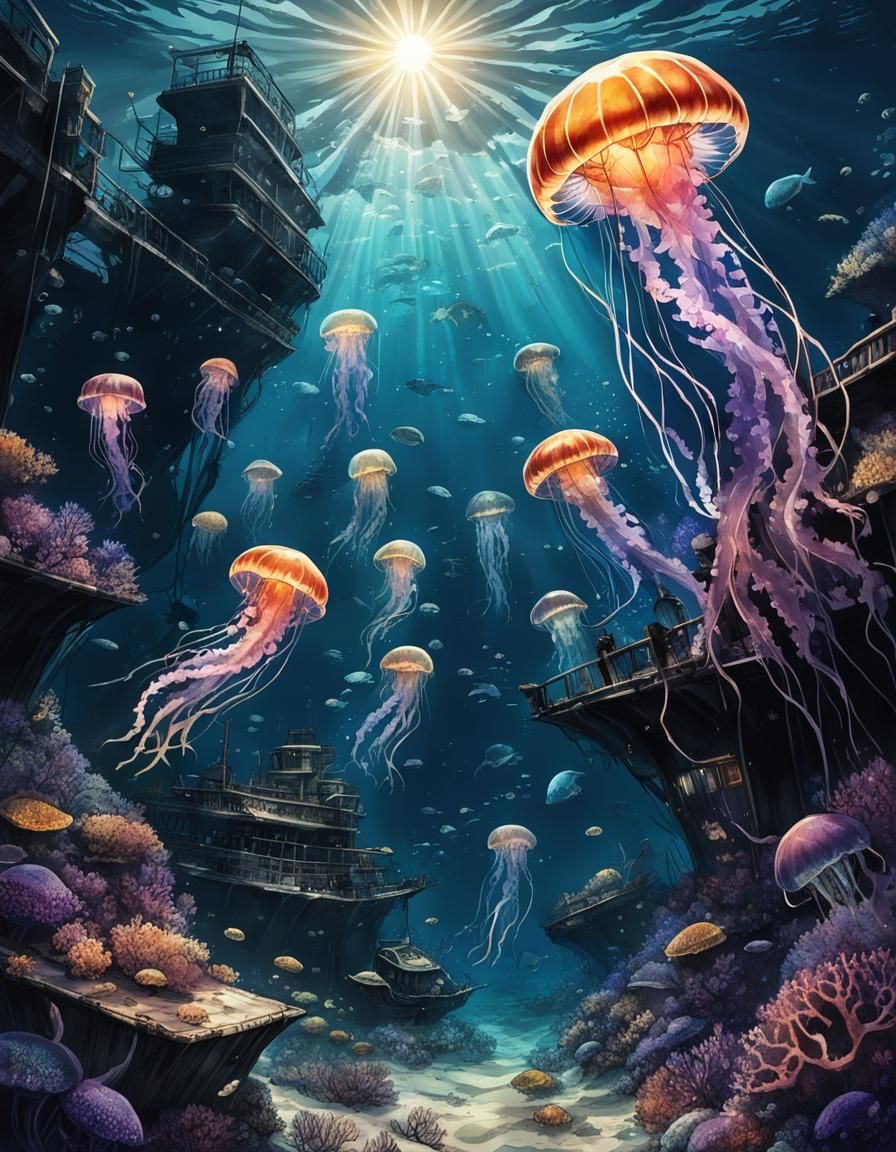 Underwater Scene with Jellyfish in Anime Style