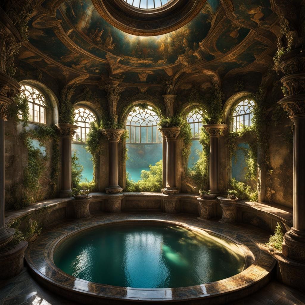 Opulent Ruined Castle Bathhouse with Adventurers in Graffiti...