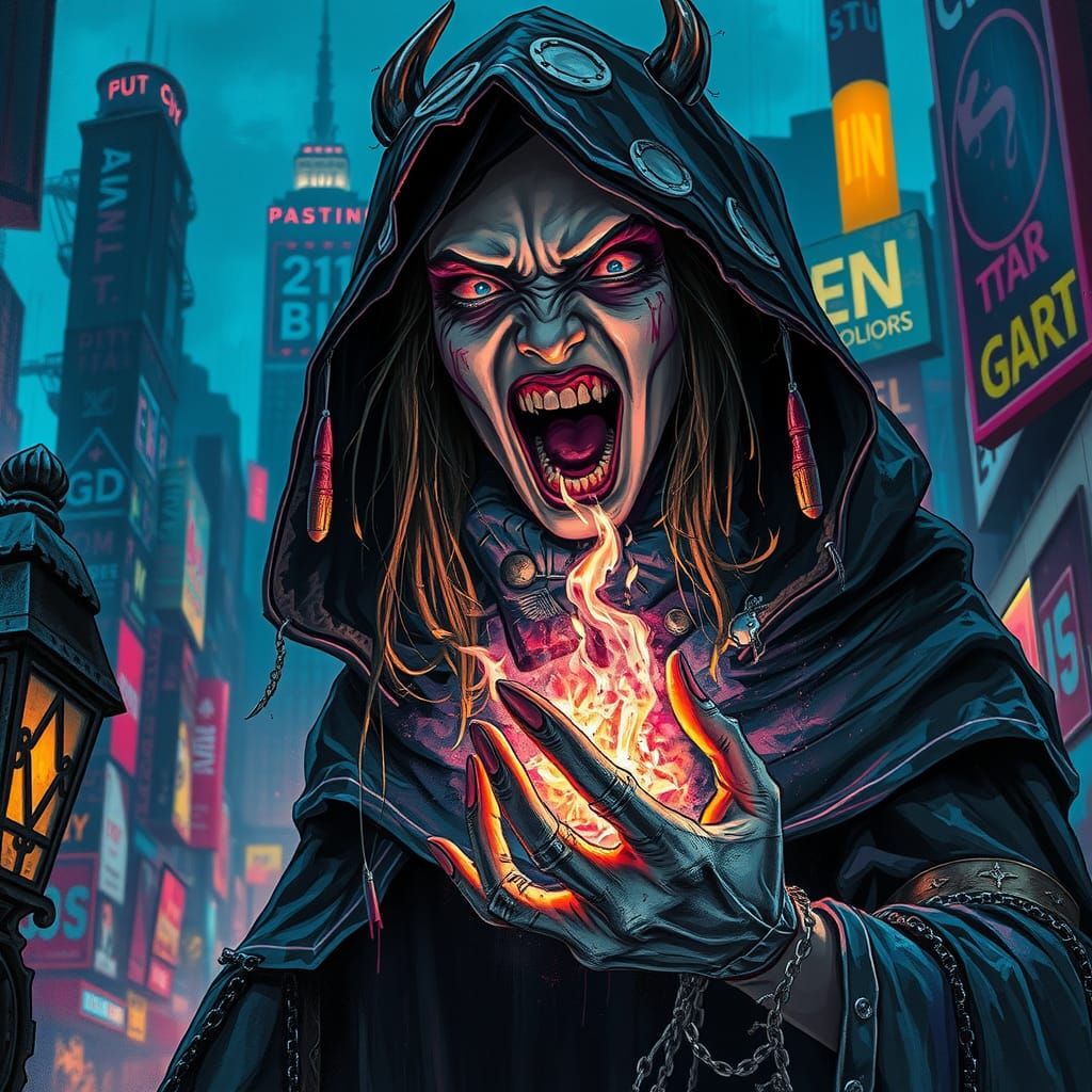 Sinister Sorceress Summons Dark Spell in Dystopian City