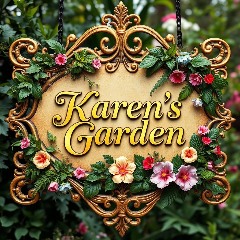 Elegant Victorian-Era Garden Sign with Golden Filigree and F...