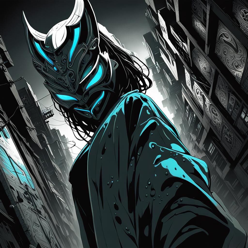 Steel Mask Anime Portrait in Neon-Lit Tokyo Alleyway