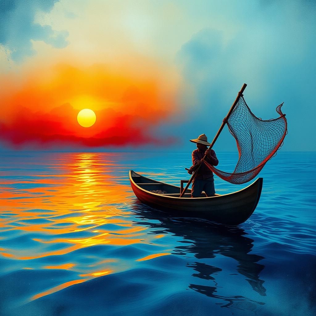 Stylized Peruvian Fisherman at Sunset, Watercolor Art