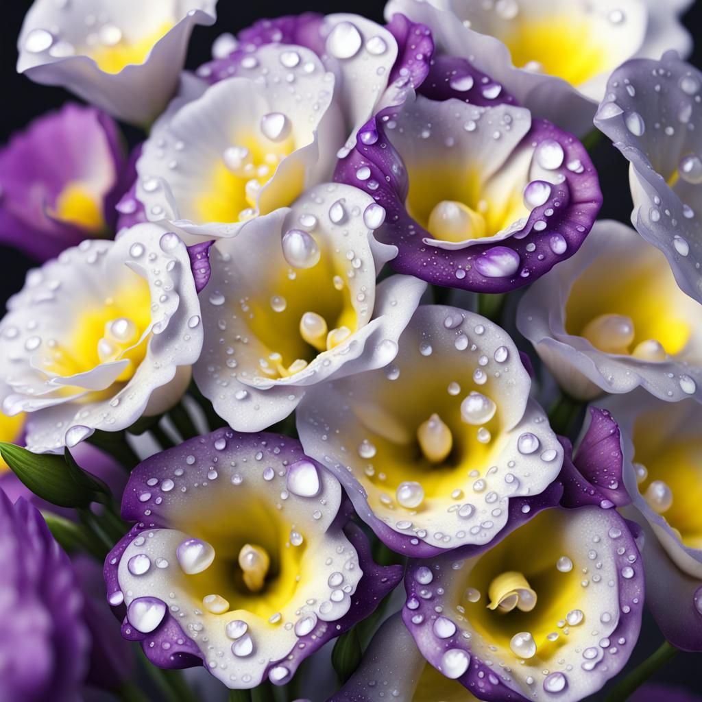 White-Purple Eustoma Flowers Macro in Detailed Matte Style