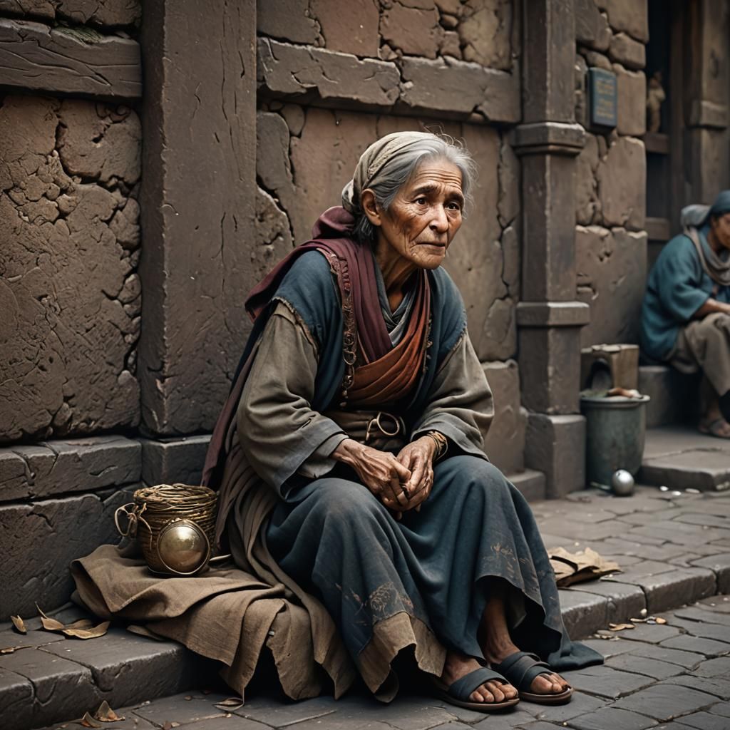 Beggar Woman: Detailed Matte Painting in Deep Color