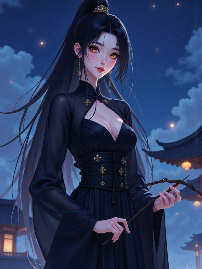 Elegant Donghua Girl in Black Qipao, Anime Style