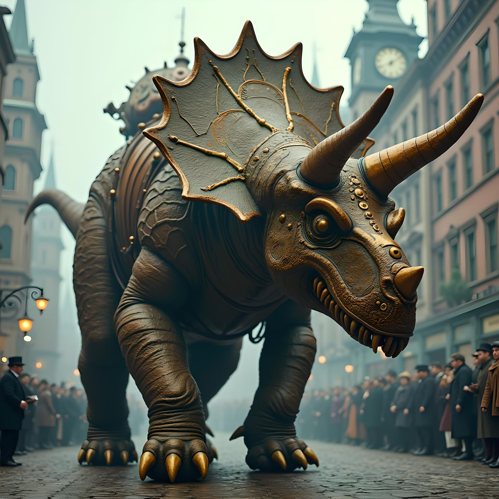 Steampunk Triceratops Leads Parade Through Victorian City