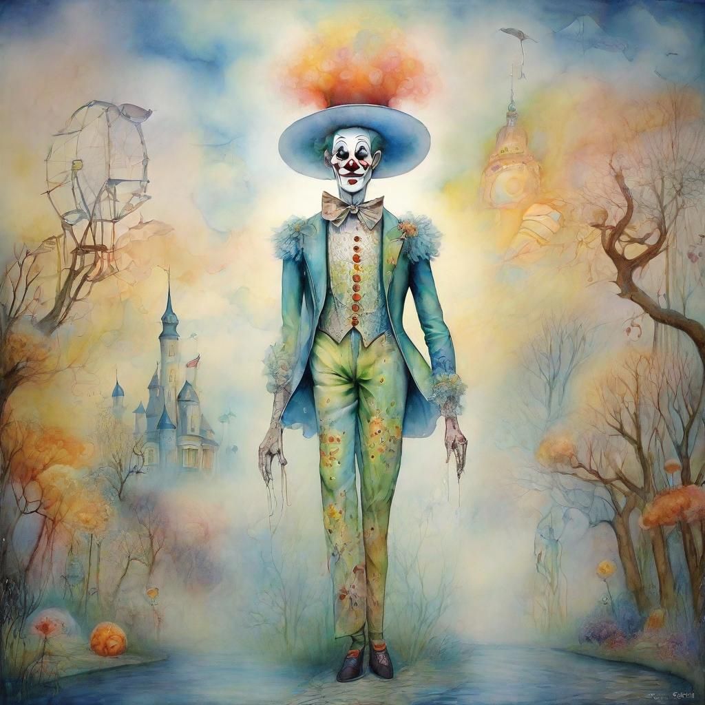 Surreal Tall Clown in Amusement Park, Watercolor Style