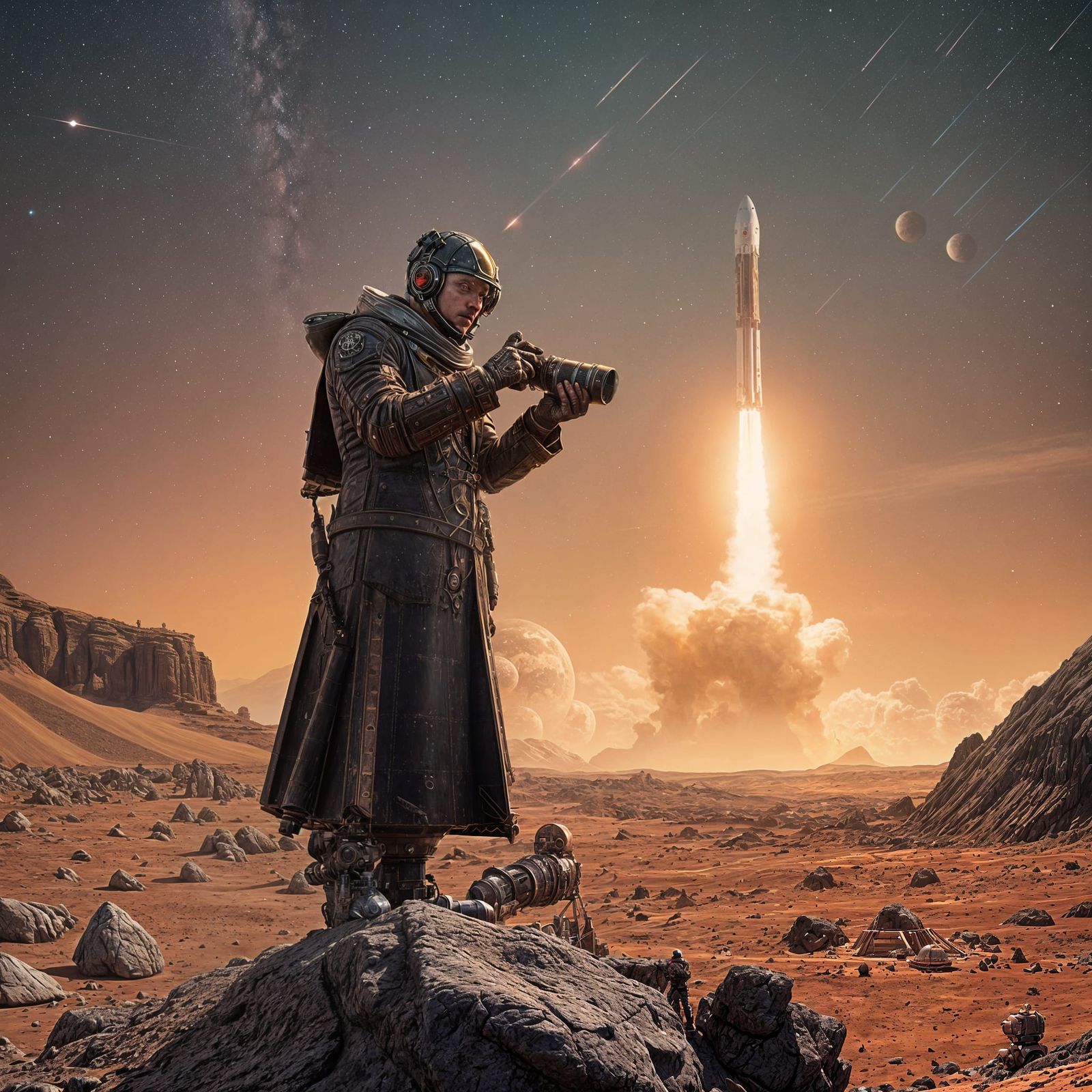 Ethereal Steampunk Marscape with Space X Rocket
