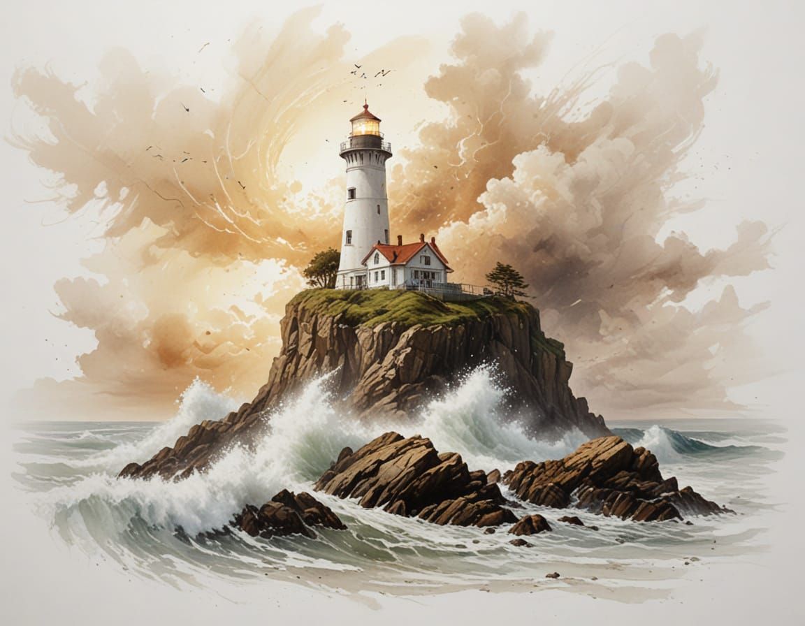 Lighthouse on Rocky Outcrop in Stormy Seas, Painterly Realis...