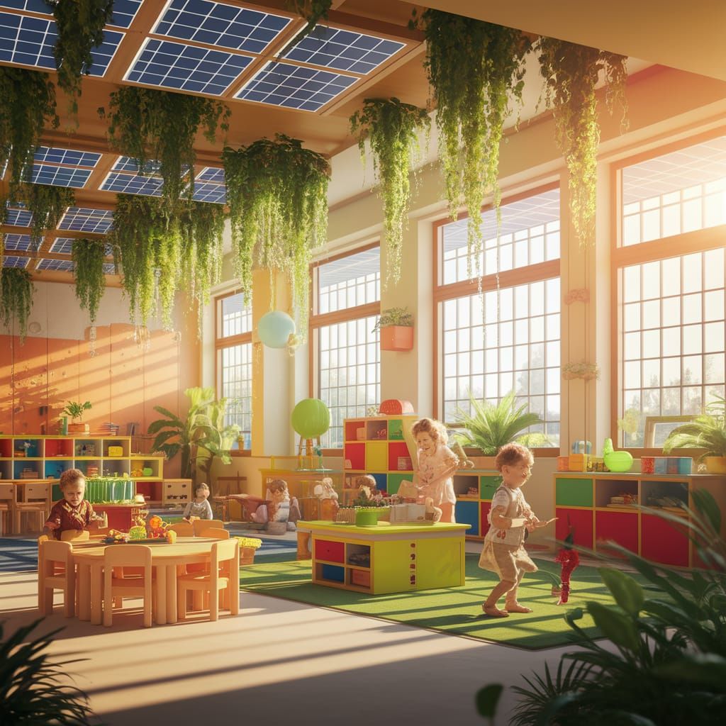 Solarpunk Daycare: Sustainable Future with Greenery & Tech