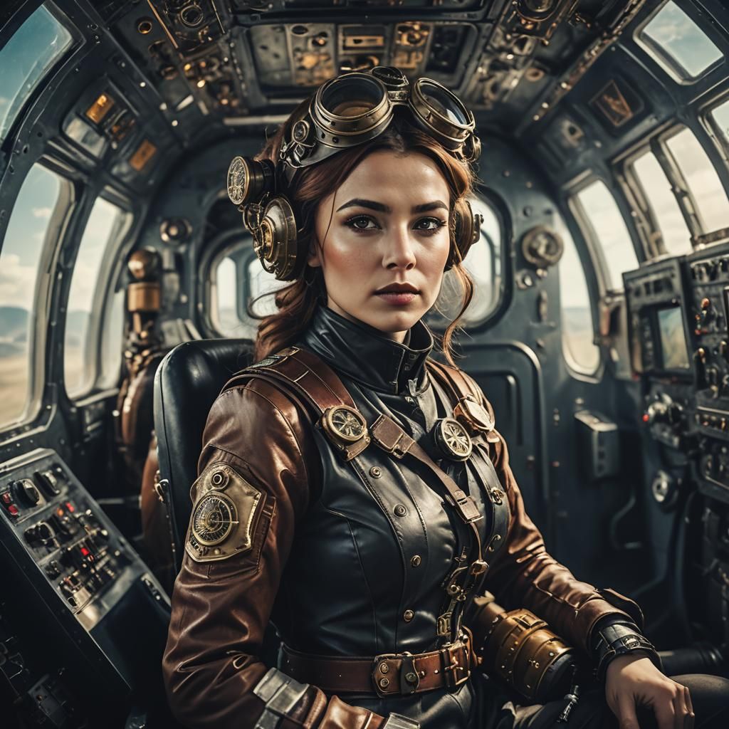 Steampunk Pilot in Futuristic Plane: Cinematic Still