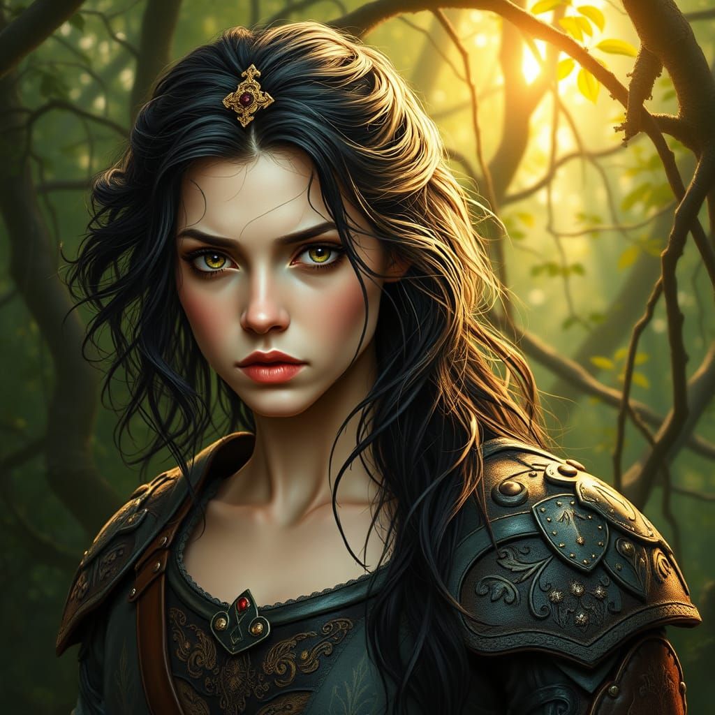 Medieval Warrior Woman in Emerald Woodland