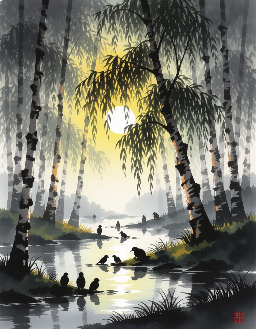 Mysterious Forest Scene with Willow Tree Spirit and Guqin Pl...