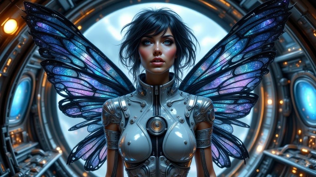 Cyborg Fairy Astronaut in Futuristic Spaceship