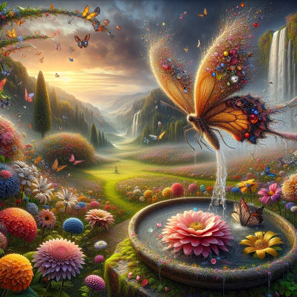 Romantic Butterfly Made of Flowers and Jewels Above Bird Bat...