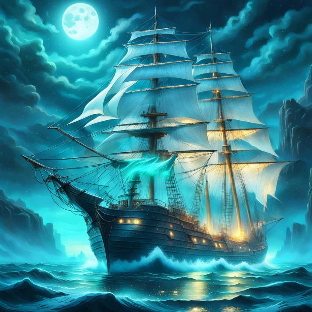 Ethereal Ghost Ship Sails Misty Ocean