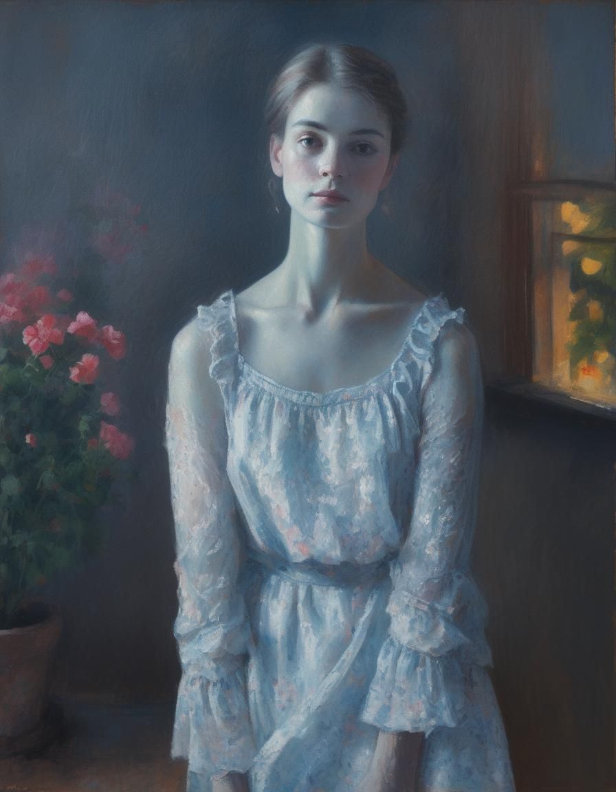 Impressionist Woman in Spring Dress by Window