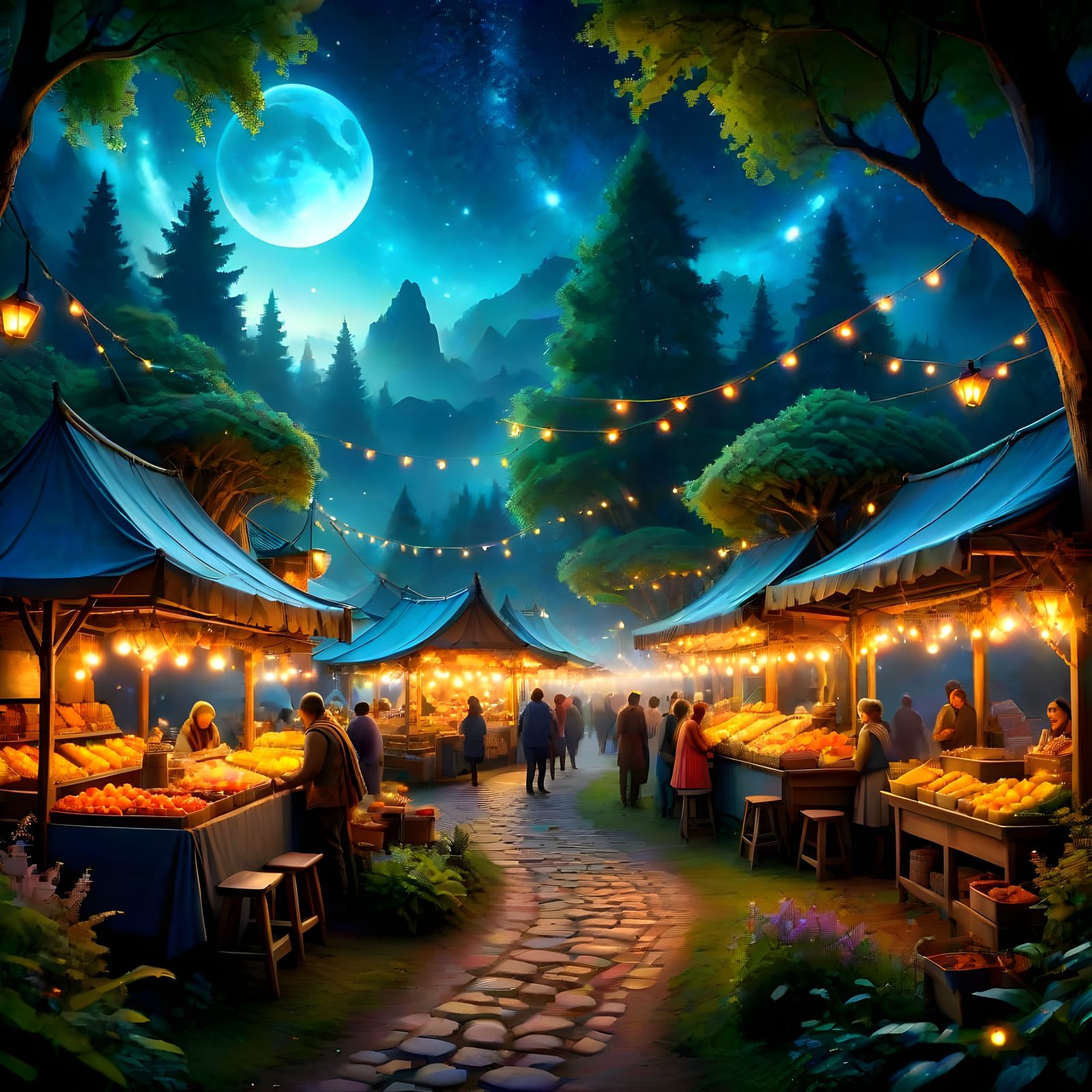 Enchanted Night Market in Whimsical Forest