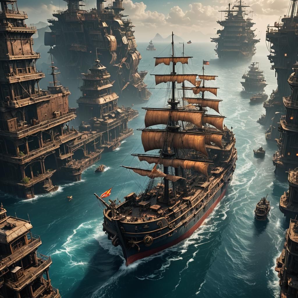 Epic Waterworld Ship on Open Seas: Detailed Matte Painting
