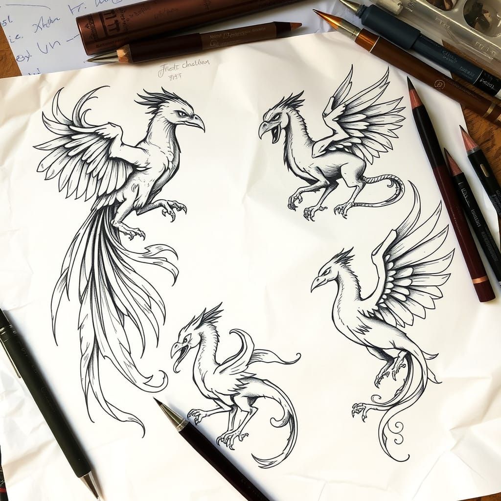 Mythological Creature Tattoo Designs in Art Nouveau Style