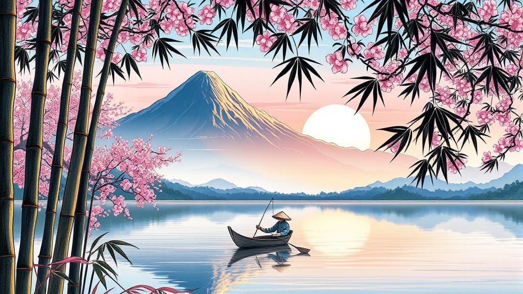 Serene Mountain Lake with Fishing Boat at Sunset