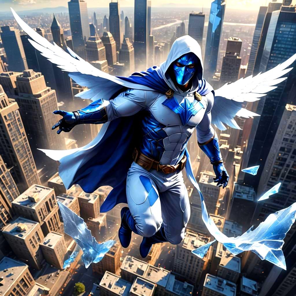 Winged Superhero Flies with Ice Shard