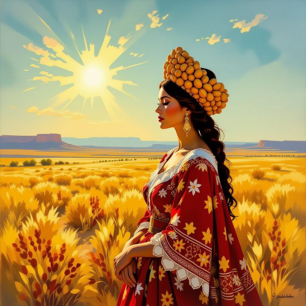 Regal Woman Crowned with Pinto Beans in New Mexico Landscape