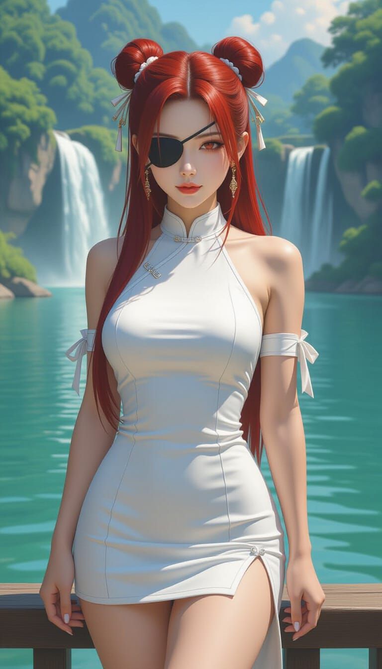 Asian Woman with Eyepatch by Lake, Splash Art