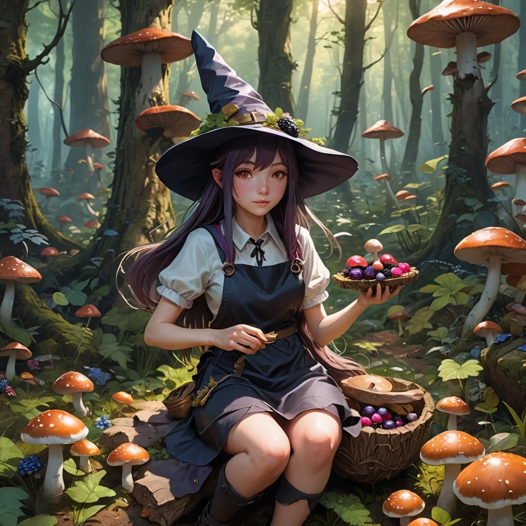 Anime Witch Girl Picking Magical Mushrooms