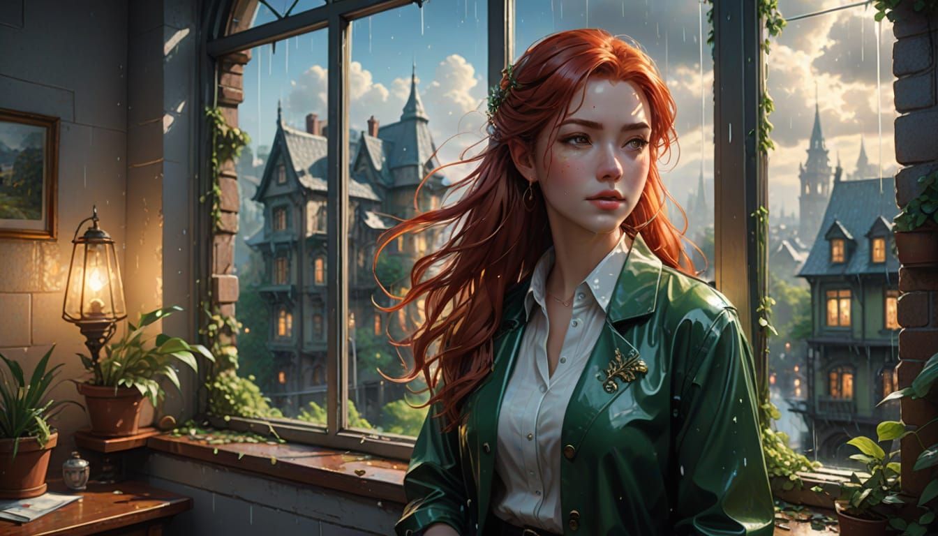 Ethereal Fantasy Woman Against Rainy Window