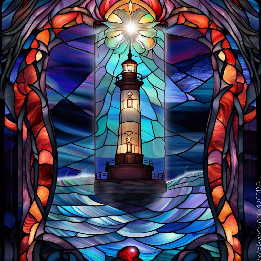 Gothic Lighthouse in Stormy Sea: Art Nouveau Stained Glass