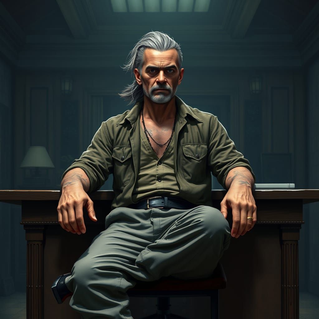 Veteran Warrior in Dimly Lit Office, Influenced by Industria...