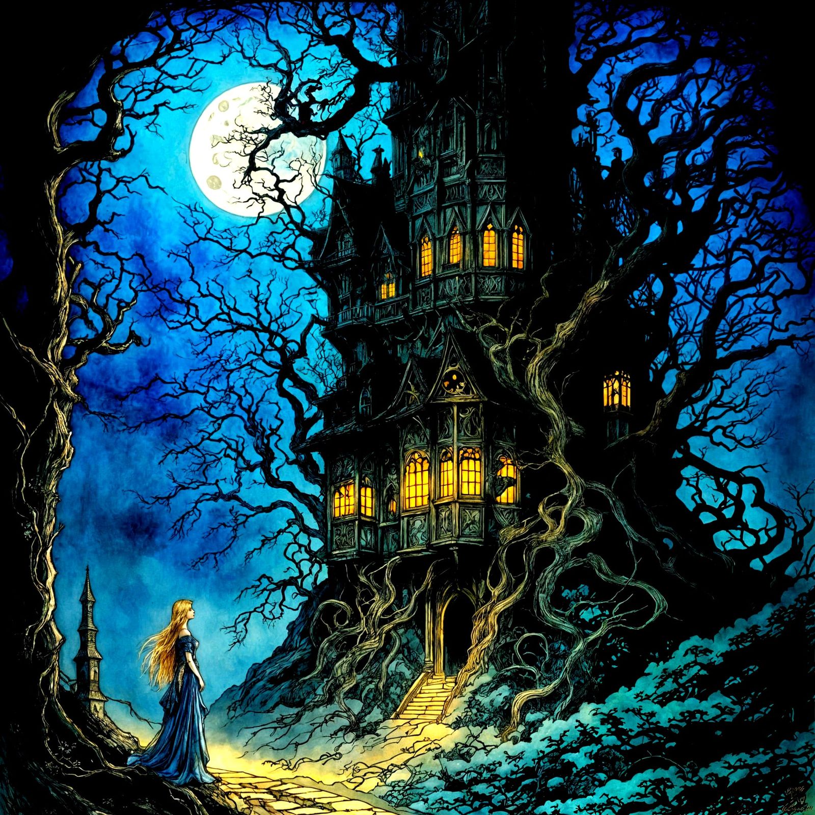 <lora:Fairytale pictures:1.0> Dark rapunzel by arthur rackha...