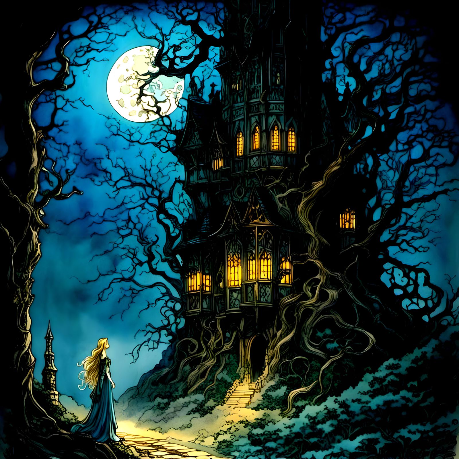 <lora:Fairytale pictures:1.0> Dark rapunzel by arthur rackha...