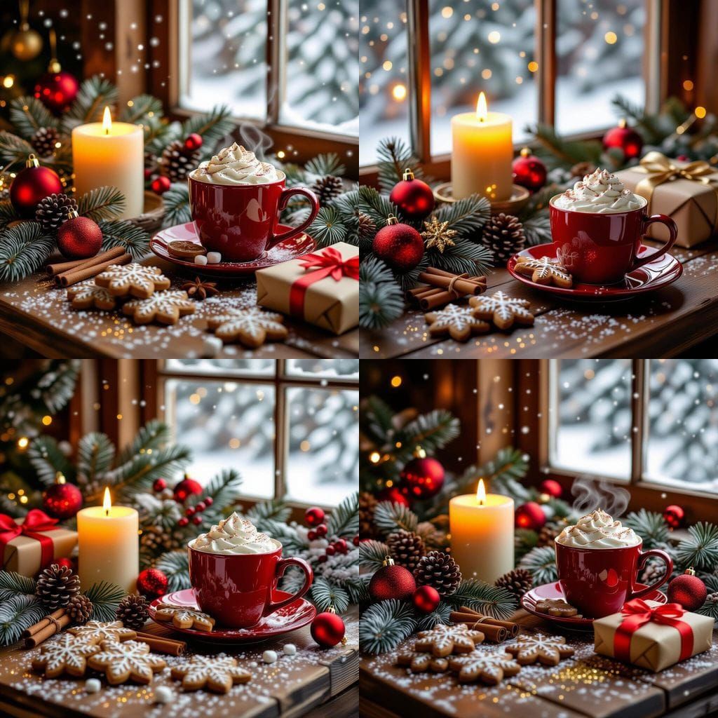 Cozy Christmas Still Life: Candle, Ornaments, and Hot Chocol...