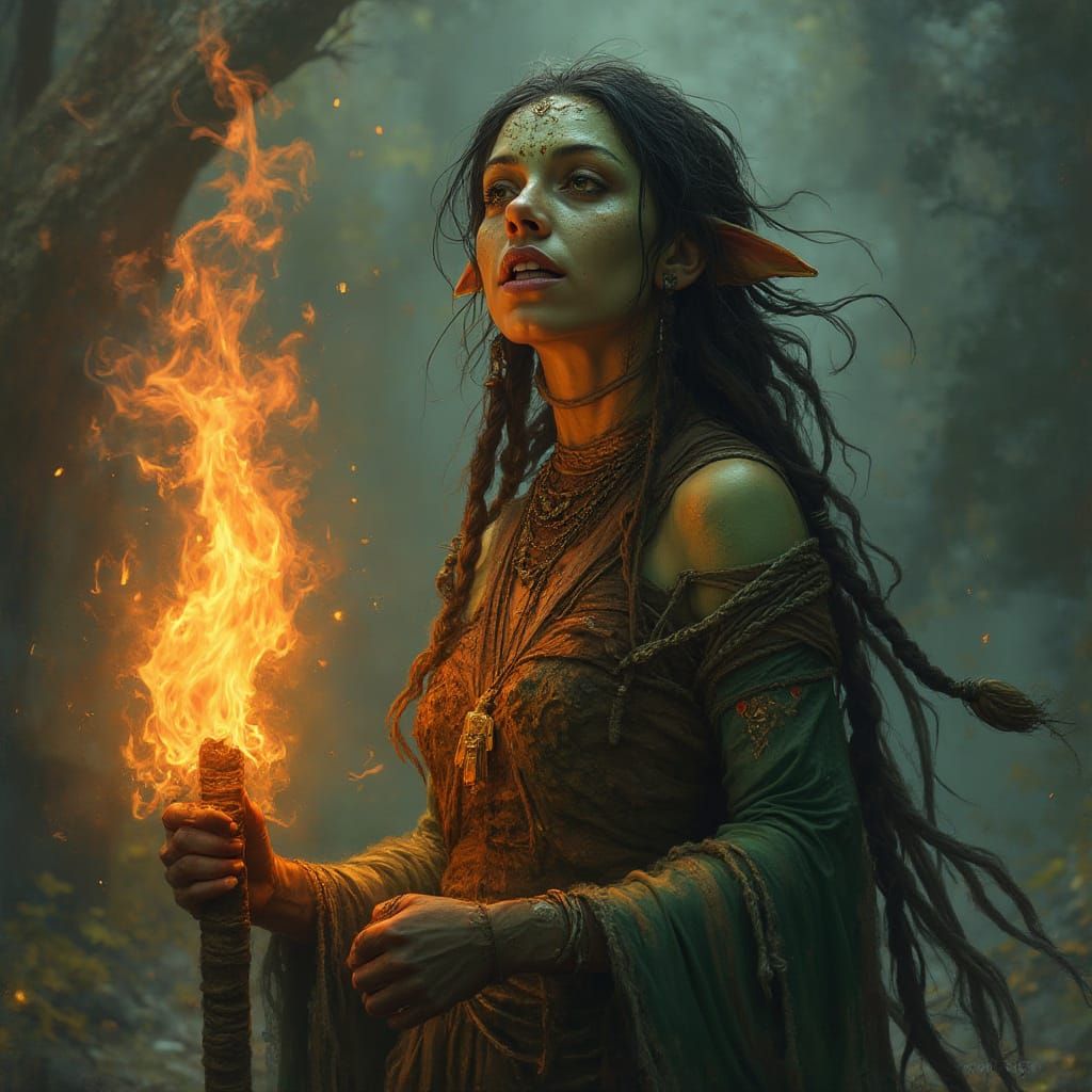 Half-Orc Shaman Singing in Ethereal Firelight
