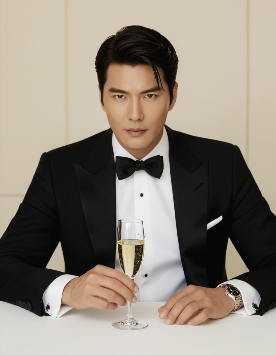 Hyun Bin in Black Tuxedo with Champagne, High-Fashion Style