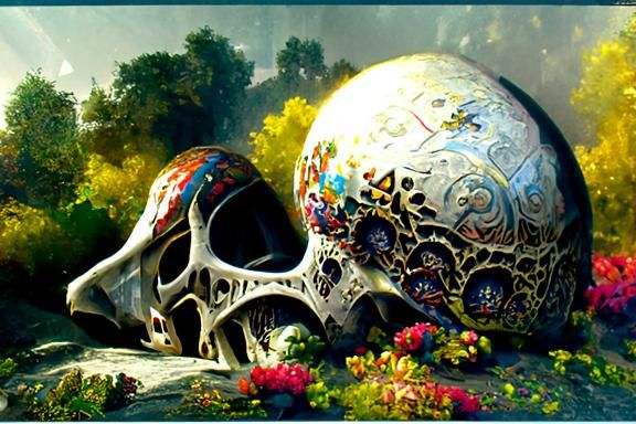 Tribal Skull with Flowers Digital Painting